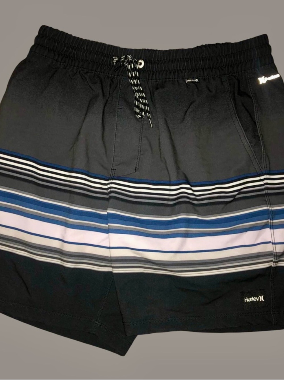 Hurley Men’s Black Stripe Swim Trunks - Blue/White Accent